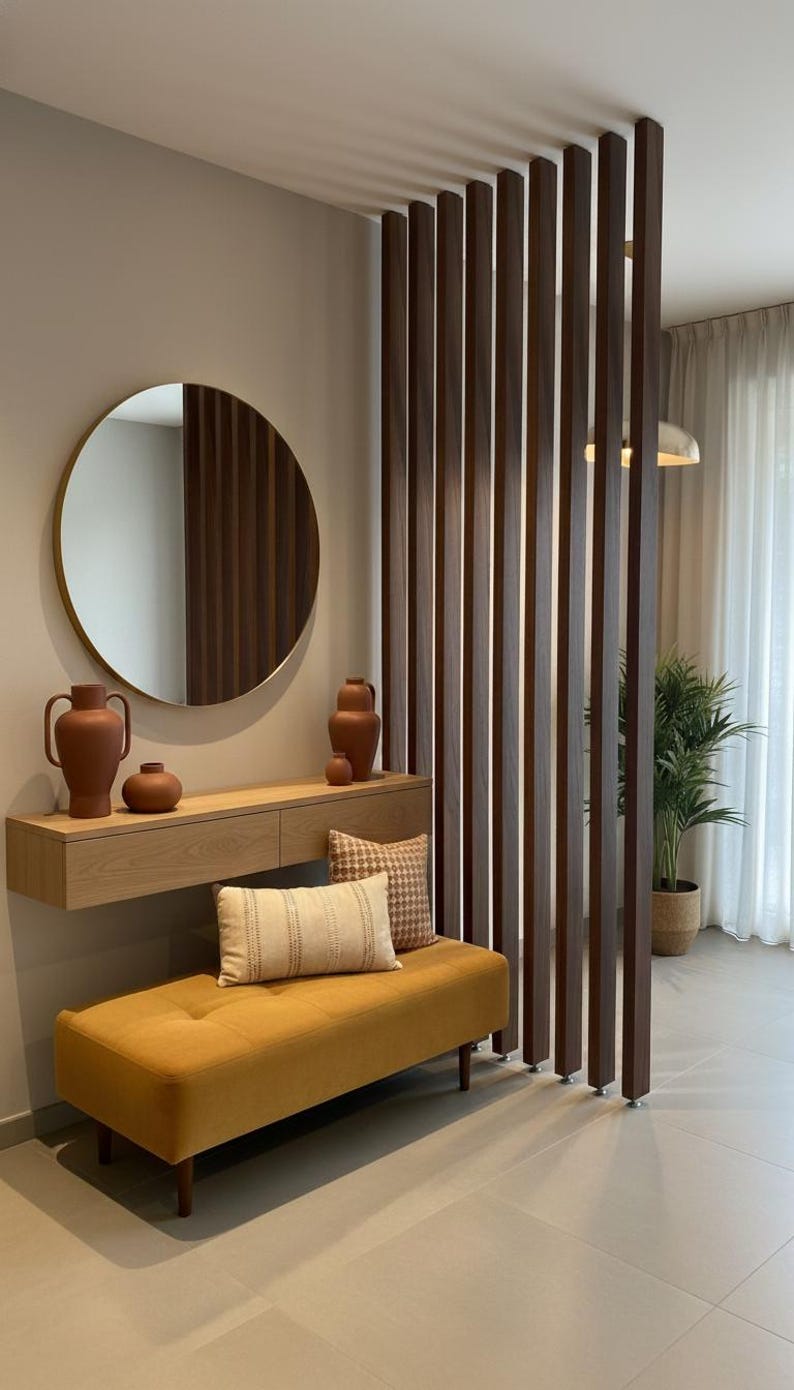 Peut inclure: Un s&eacute;parateur de pi&egrave;ce compos&eacute; de lattes de bois fonc&eacute; verticales, une console flottante en bois clair, un miroir rond &agrave; cadre dor&eacute;, deux vases couleur terre cuite, un banc capitonn&eacute; jaune moutarde et deux coussins d&eacute;coratifs sur le banc.