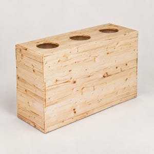 Può includere: Una scatola rettangolare in legno chiaro dotata di tre aperture circolari sulla superficie superiore. La struttura è composta da assi con venature e nodi visibili, assemblate insieme tramite piccoli elementi di fissaggio in metallo.