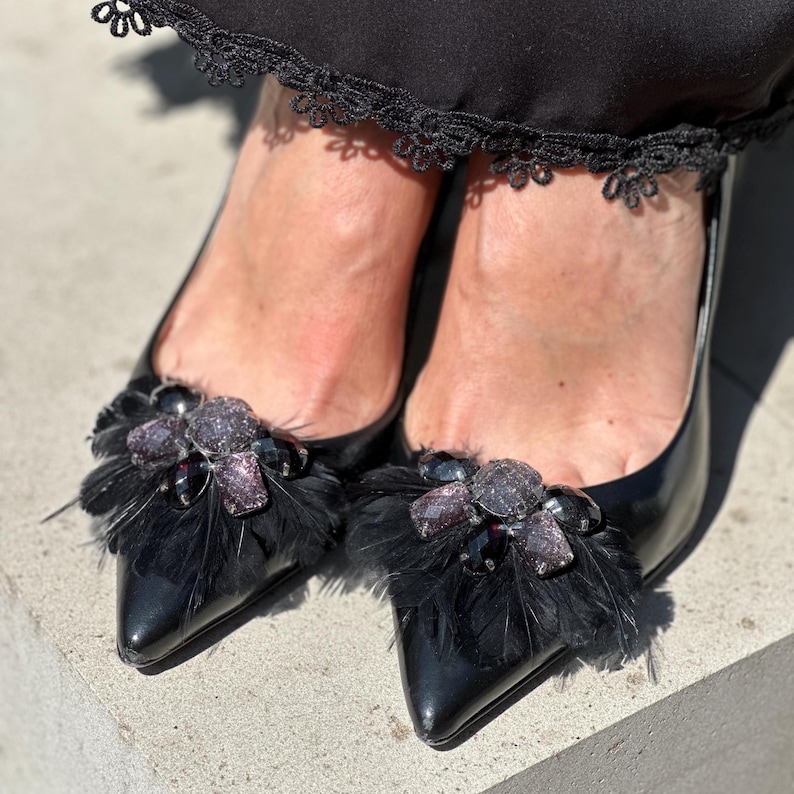 Feather Shoe Clips “London” – Black Rhinestone Feather Clips – Elegant Shoe Accessories (1 Pair) image 1