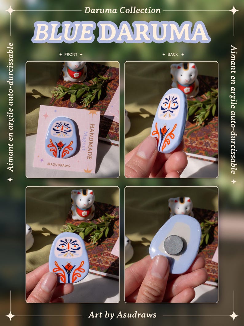 Handgemaakte magneet, Daruma-collectie, Japanse folklore, zelfhardende klei, handbeschilderd afbeelding 3