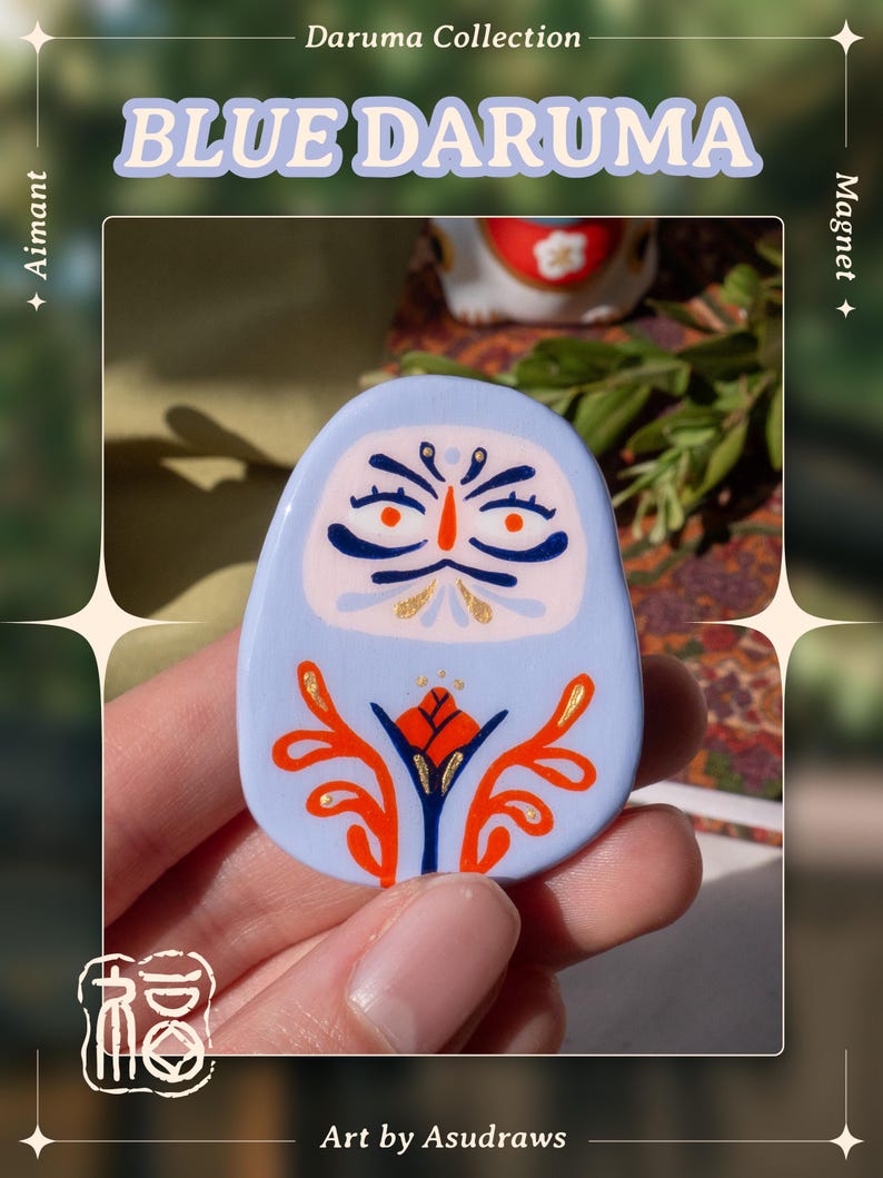 Handgemaakte magneet, Daruma-collectie, Japanse folklore, zelfhardende klei, handbeschilderd A - Blue Daruma