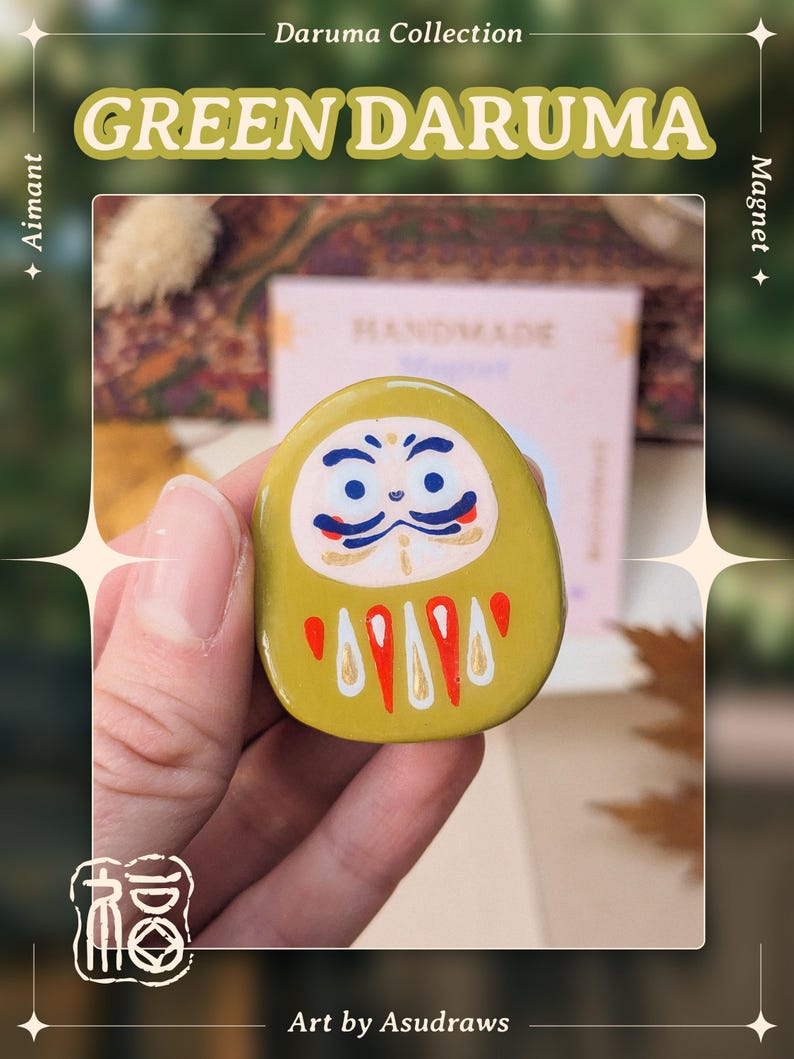 Handgemaakte magneet, Daruma-collectie, Japanse folklore, zelfhardende klei, handbeschilderd B - Green Daruma