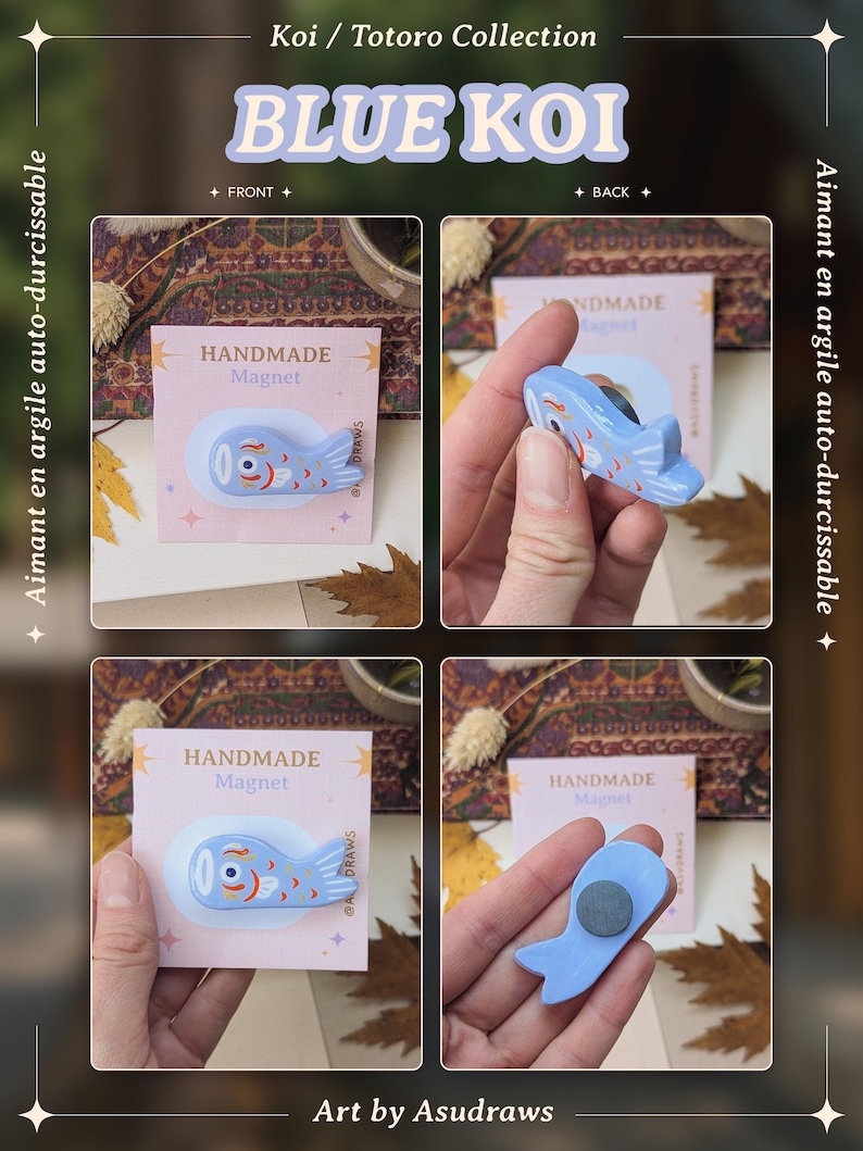 May include: Blue koi fish magnet from the Koi / Totoro Collection. The magnet is light blue with red and white details. The text "BLUE KOI" and "HANDMADE Magnet" are visible. The artist's name, "Art by Asudraws", is also displayed.