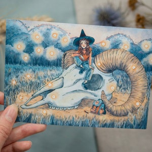 Witch watercolor and ink illustration, Aries, Inktober 2022, Witchtober, Art Print A6