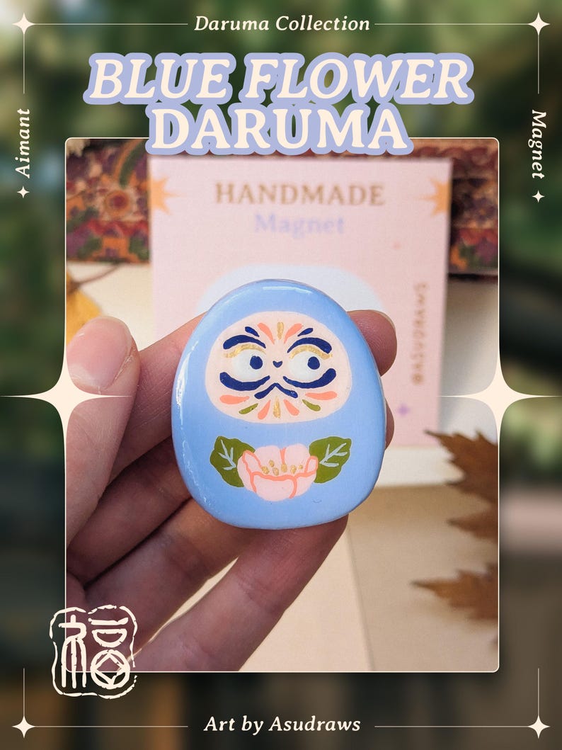 Handgemaakte magneet, Daruma-collectie, Japanse folklore, zelfhardende klei, handbeschilderd D-Blue Flower Daruma