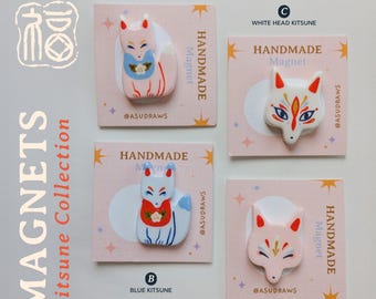 Handmade magnet, Kitsune Collection, Japanese folklore, Air dry clay, painted by hand