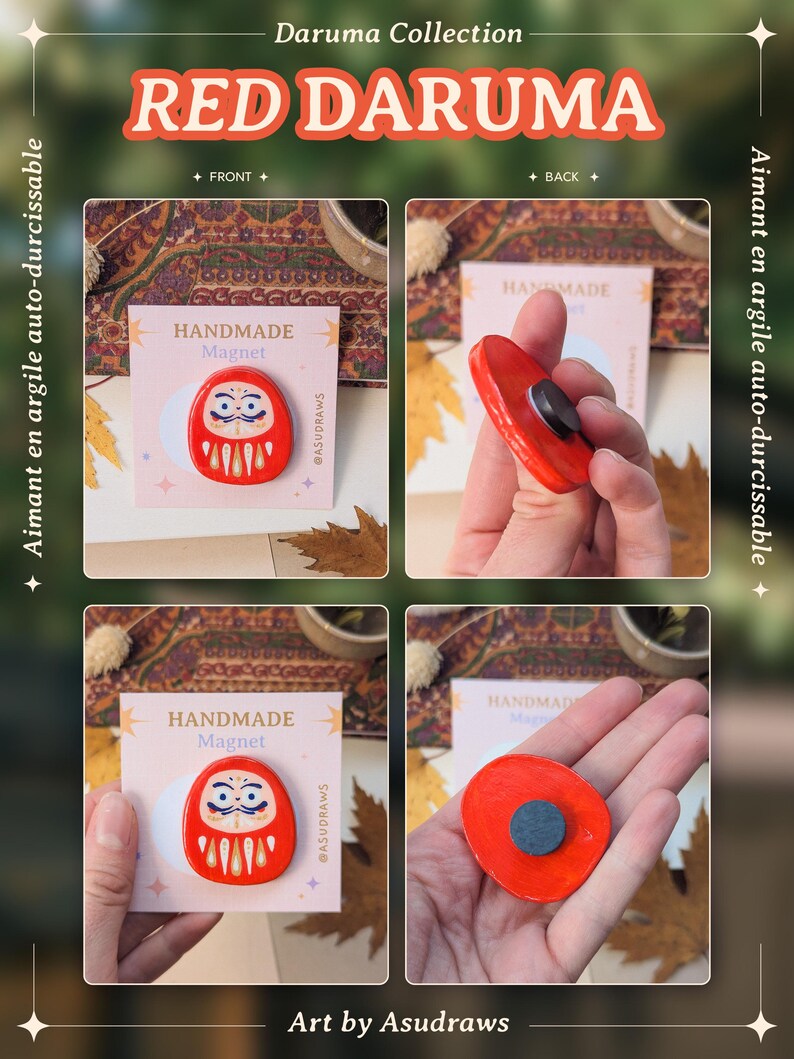 Handgemaakte magneet, Daruma-collectie, Japanse folklore, zelfhardende klei, handbeschilderd afbeelding 5