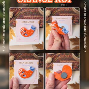 May include: Orange koi fish magnet with blue fins and details, labeled "HANDMADE Magnet." The image shows the front and back of the magnet, part of the "Koi / Totoro Collection" by Asudraws.