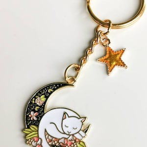 Sleepy Kitty Moon Keyring | Pretty Sleeping Cat on the Moon Charm Keyring | Celestial flower feline keychain