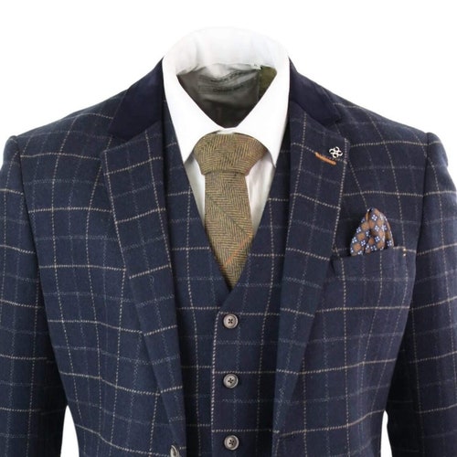 Mens 3 Piece Suit Navy Blue Check Tweed 1920s Peaky Blinders - Etsy UK