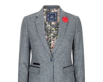 Femmes Blazer Veste Herringbone Tweed Marron Vintage Coupe Ajustée patraque oeillères Femmes Blazer Veste Herringbone Tweed Marron Vintage Coupe Ajustée patraque oeillères