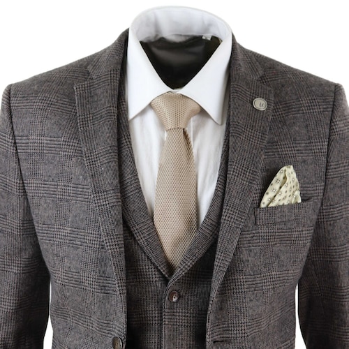 Mens Wool 3 Piece Check Suit Tweed Brown Tailored Fit Gatsby - Etsy UK