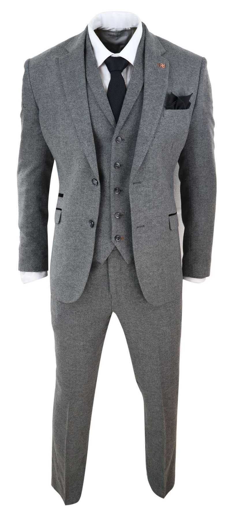 Mens 3 Piece Wool Suit Herringbone Tweed Dark Grey Formal Etsy UK