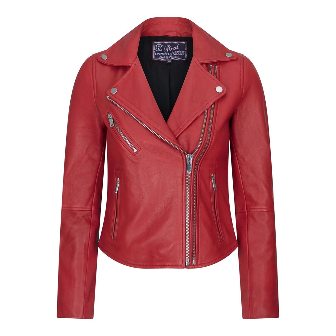 Womens Cross Zip Biker Real Leather Jacket Brando Red Black - Etsy