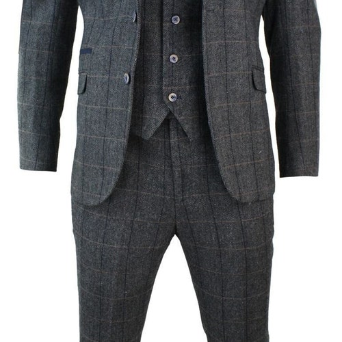 Mens 3 Piece Wool Suit Herringbone Tweed Dark Grey Formal Etsy UK