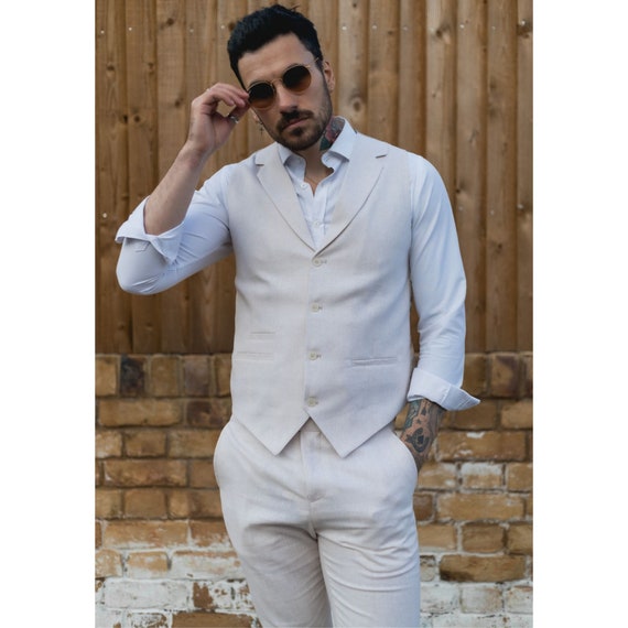 Ellerslie Road Slim Fit Cream Pinstripe Three Piece Suit With Peak Lapels  And Decorative Gold Buttons  MrGuild