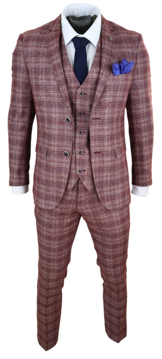 Mens 3 Piece Suit Tweed Wine Blue Check Tailored Fit Classic - Etsy UK