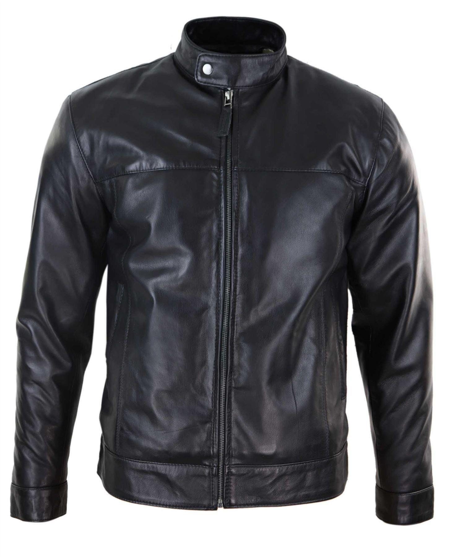 Mens classic zip real leather jacket nehru grandad collar biker ...