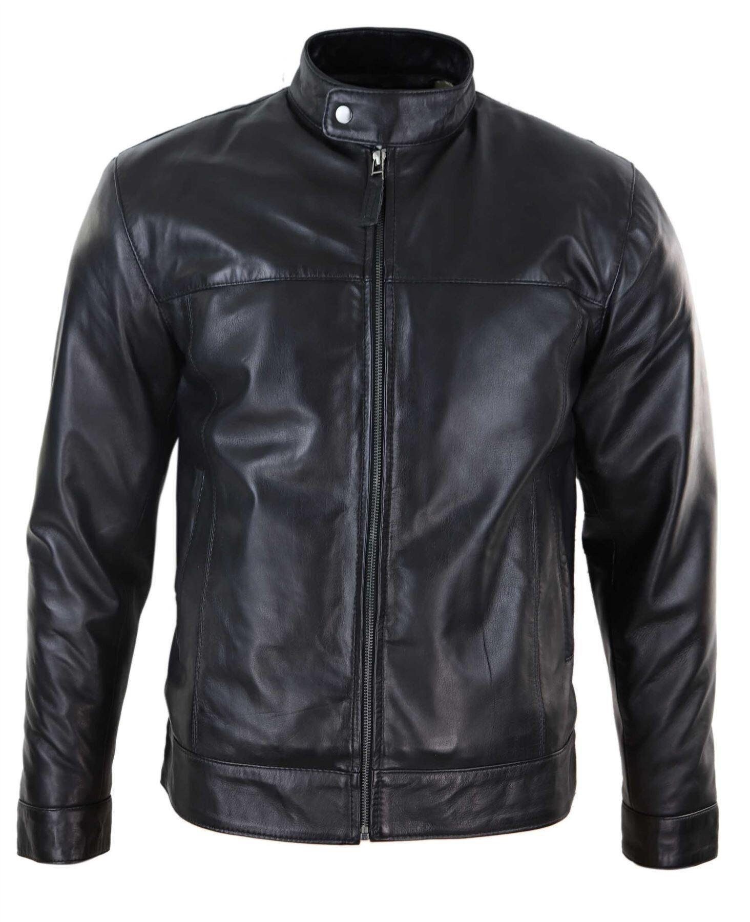 Mens Classic Zip Real Leather Jacket Nehru Grandad Collar Biker