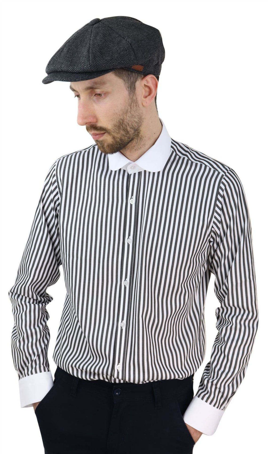 1920s Style Men’s Shirts | Peaky Blinders Shirts and Collars     Mens penny button shirt round collar  stripe regular fit classic $33.17 AT vintagedancer.com