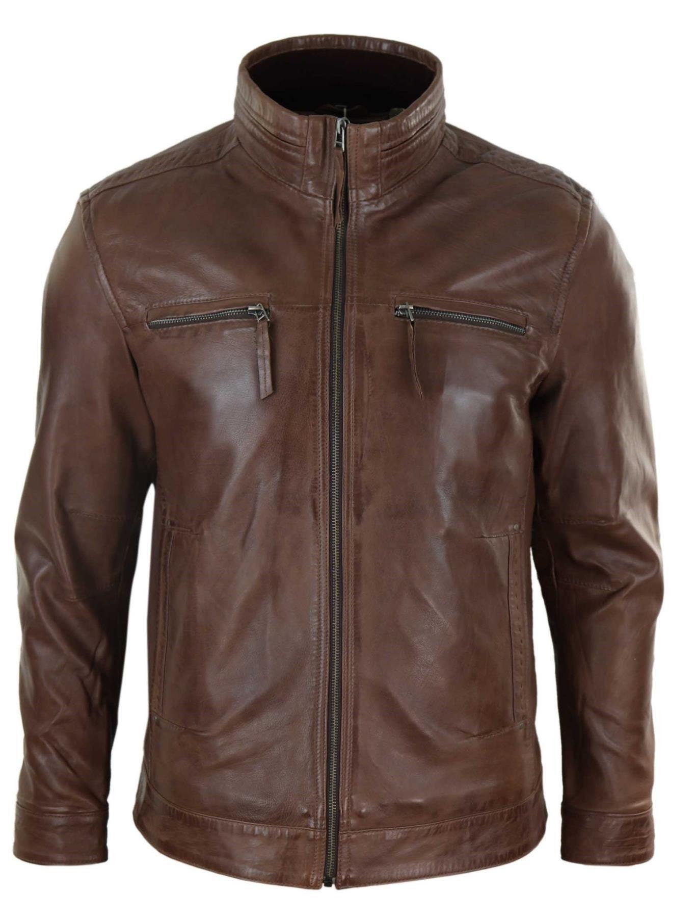 Mens Real Leather Jacket Zipped Biker Style High Collar Smart - Etsy UK