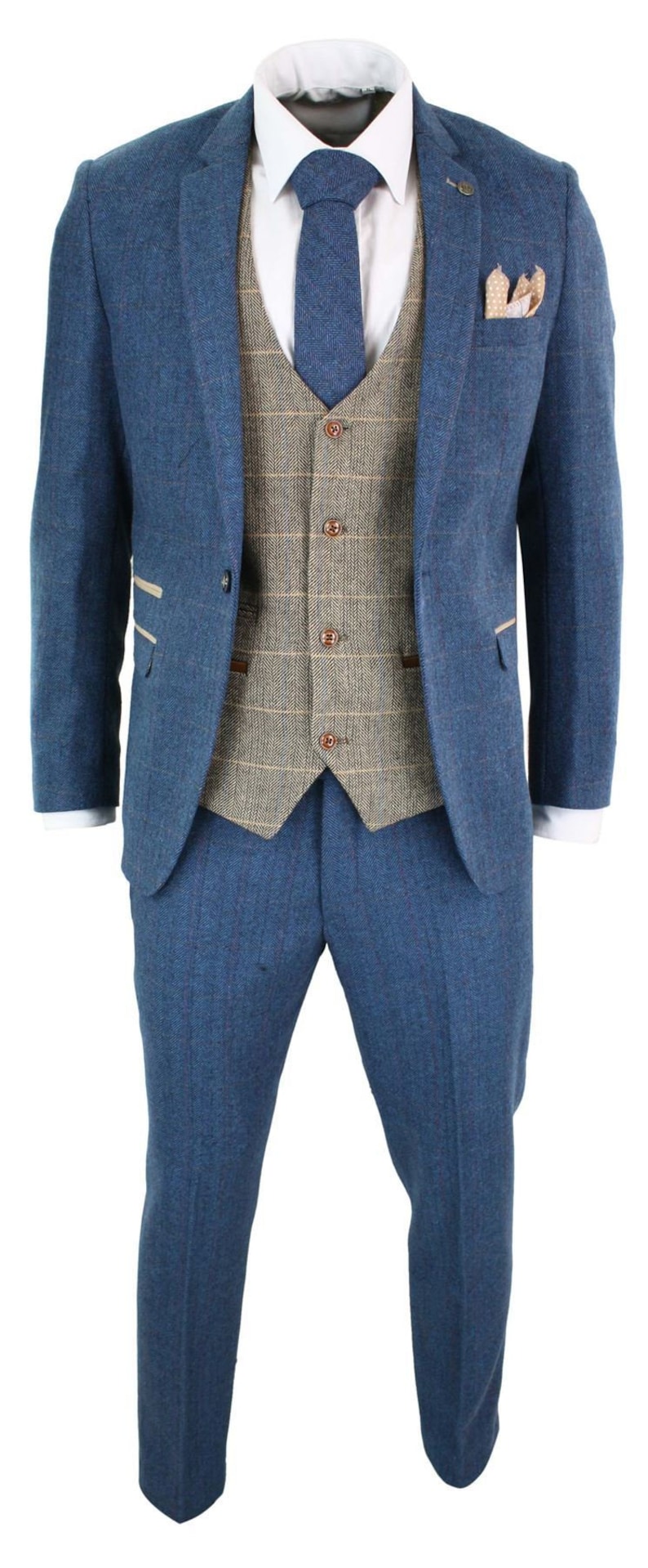 Downton Abbey Men’s Fashion Guide Mens blue tan brown 3 piece herringbone tweed check vintage tailored fit suit - blue $350.56 AT vintagedancer.com