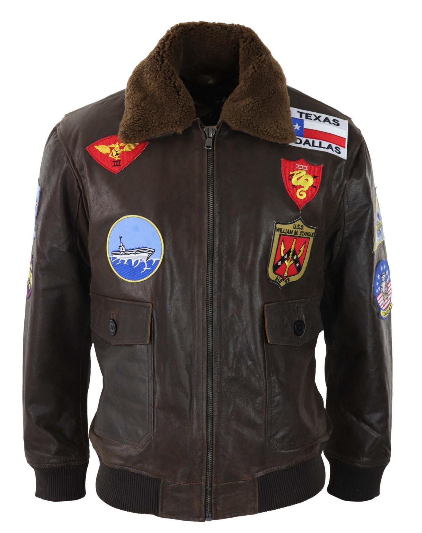 Mens Brown TOP GUN Pilot Leather Jacket with Fur Collar Aviator Coat
