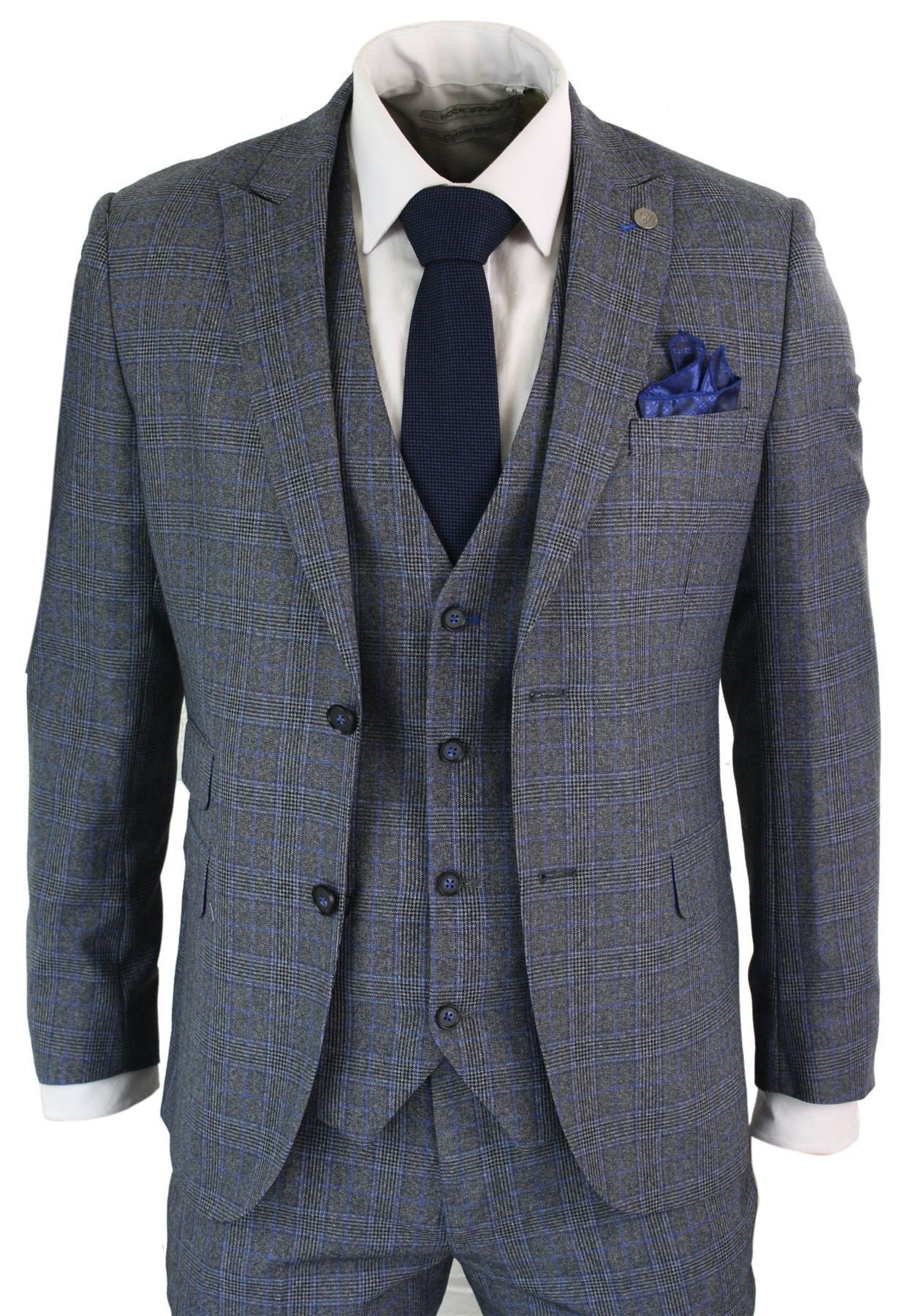 Mens 3 Piece Tailored Fit Prince of Wales Check Grey Blue - Etsy UK