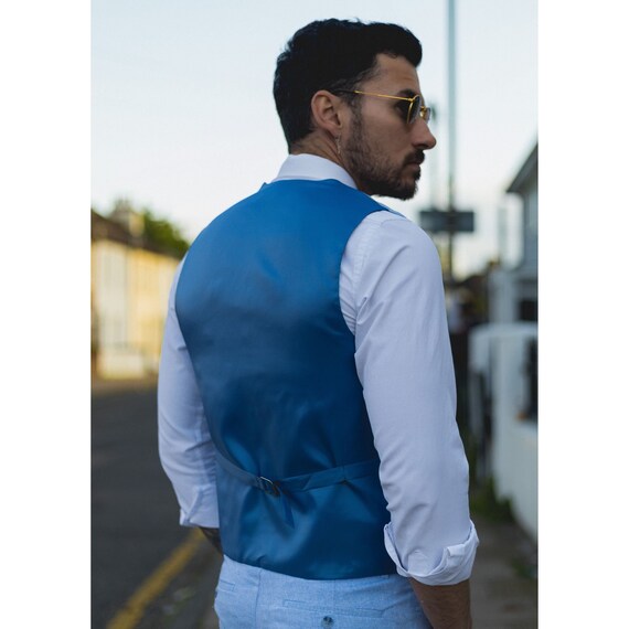 Mens Summer Suit Waistcoat Trousers Linen Smart Formal Royal Blue
