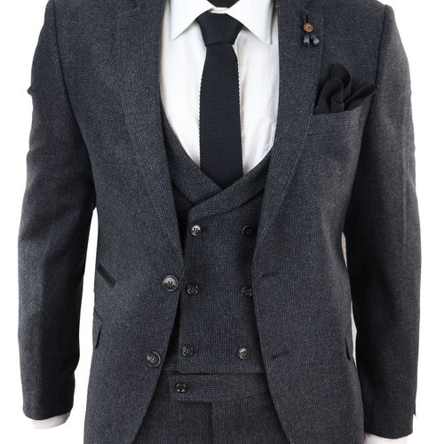 Mens 3 Piece Wool Suit Herringbone Tweed Dark Grey Formal - Etsy UK