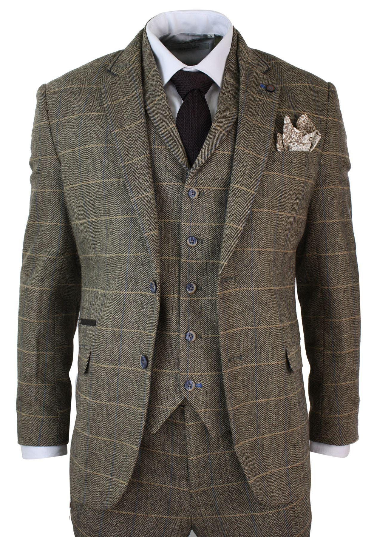 Mens 3 Piece Classic Tweed Herringbone Check Tan Brown Slim - Etsy UK