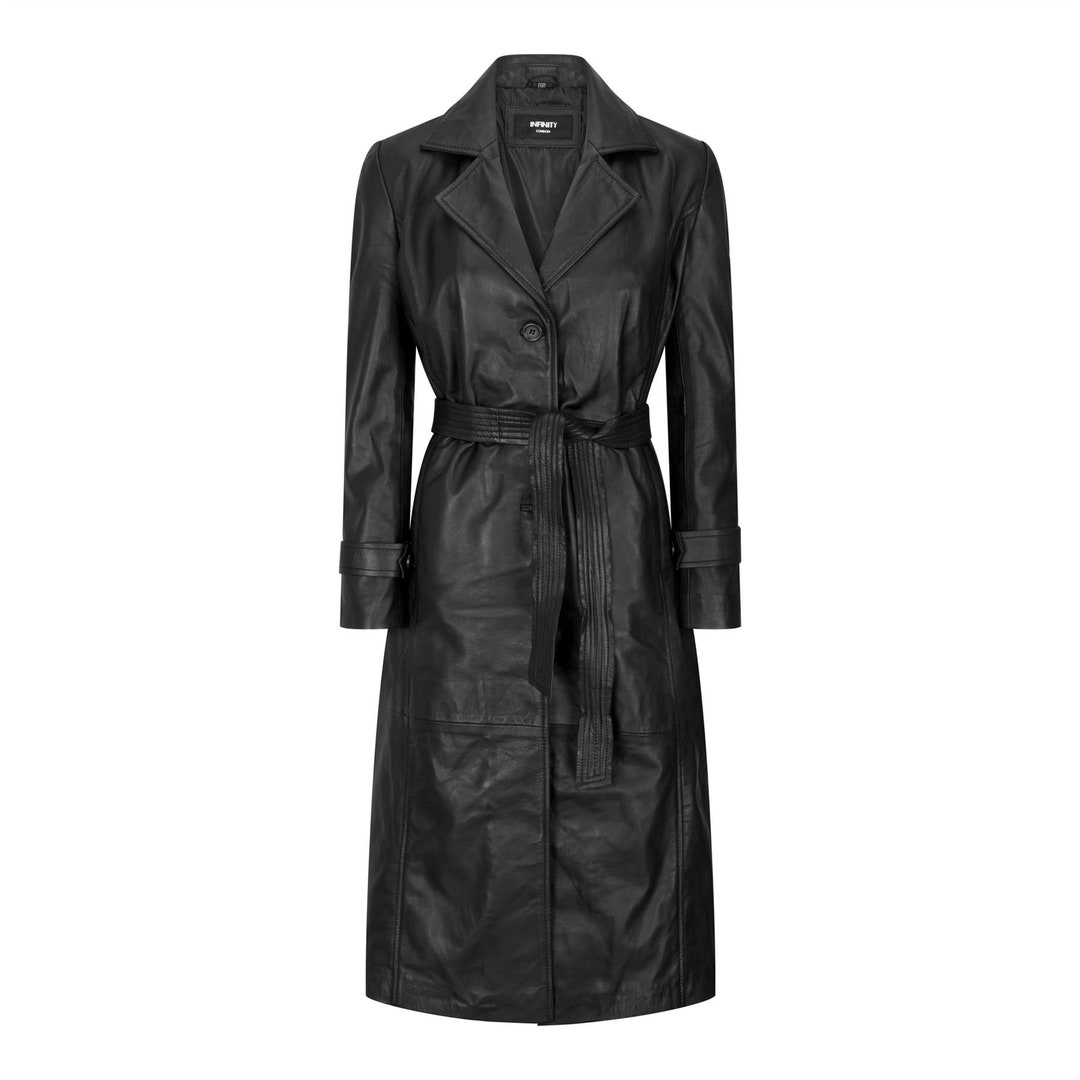 Womens Real Leather Trench Coat Mac Classic 3/4 Long Black Etsy