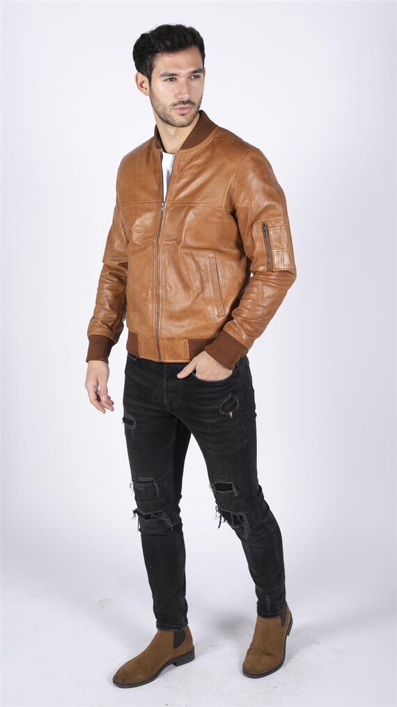 Genuine leather bomber jacket best sale mens