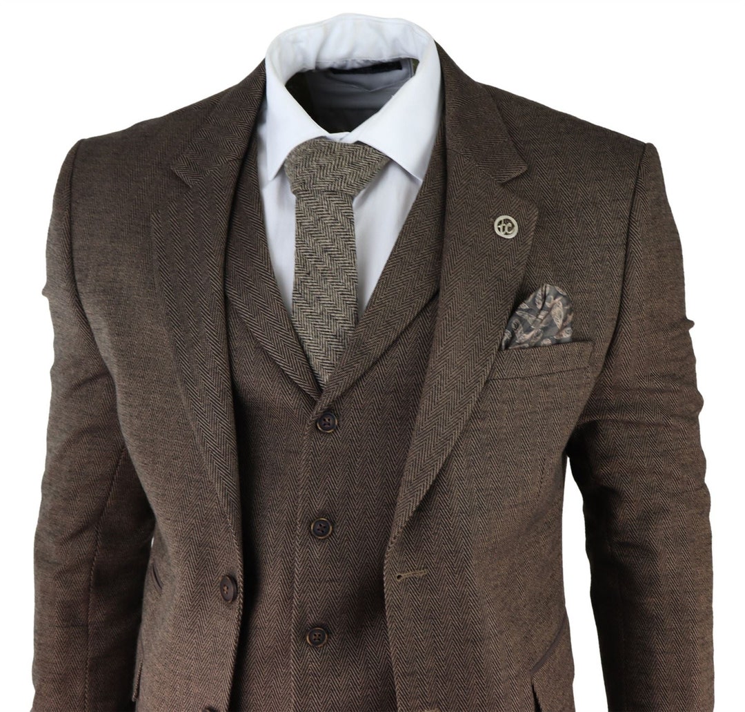 Mens Herringbone Tweed 3 Piece Suit Brown Classic Vintage Tailored ...