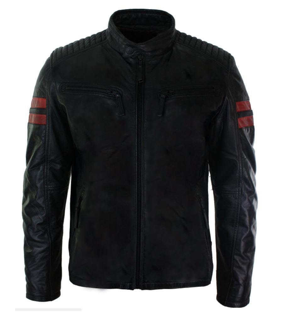 Mens Real Leather Biker Racing Jacket Red Stripes Zip Retro - Etsy UK