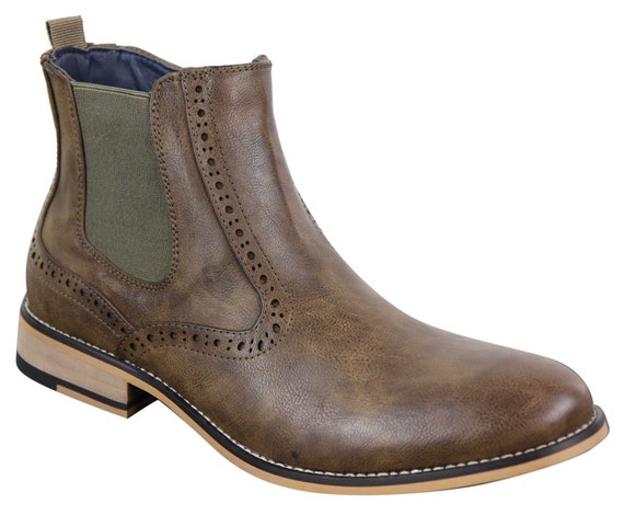 Mens Brogue Boots Zip Slip on 1920s Classic Retro Gatsby Leather