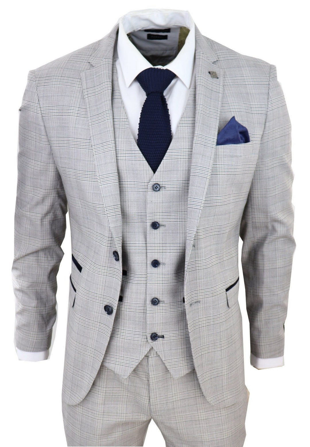 Mens Light Grey 3 Piece Suit Navy Blue Check Velvet Trims - Etsy