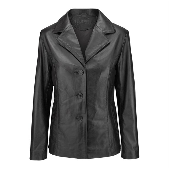 Womens Classic Blazer Jacket Real Leather 3 Button Mid Length Black Brown