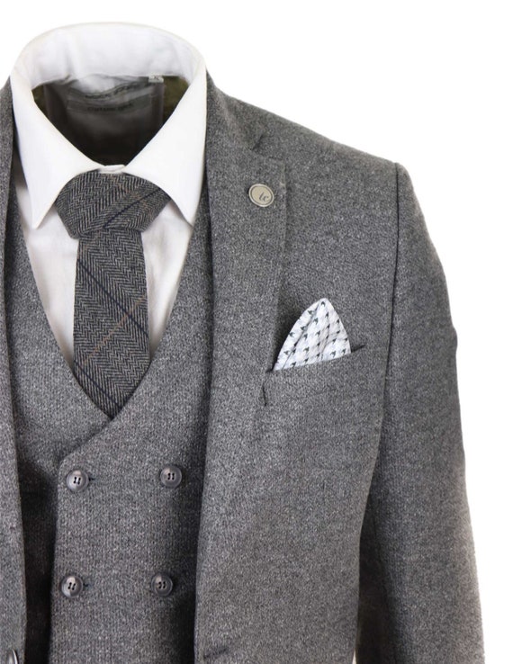 Mens Wool 3 Piece Suit Double Breasted Waistcoat Tweed Peaky Blinders 1920s 
