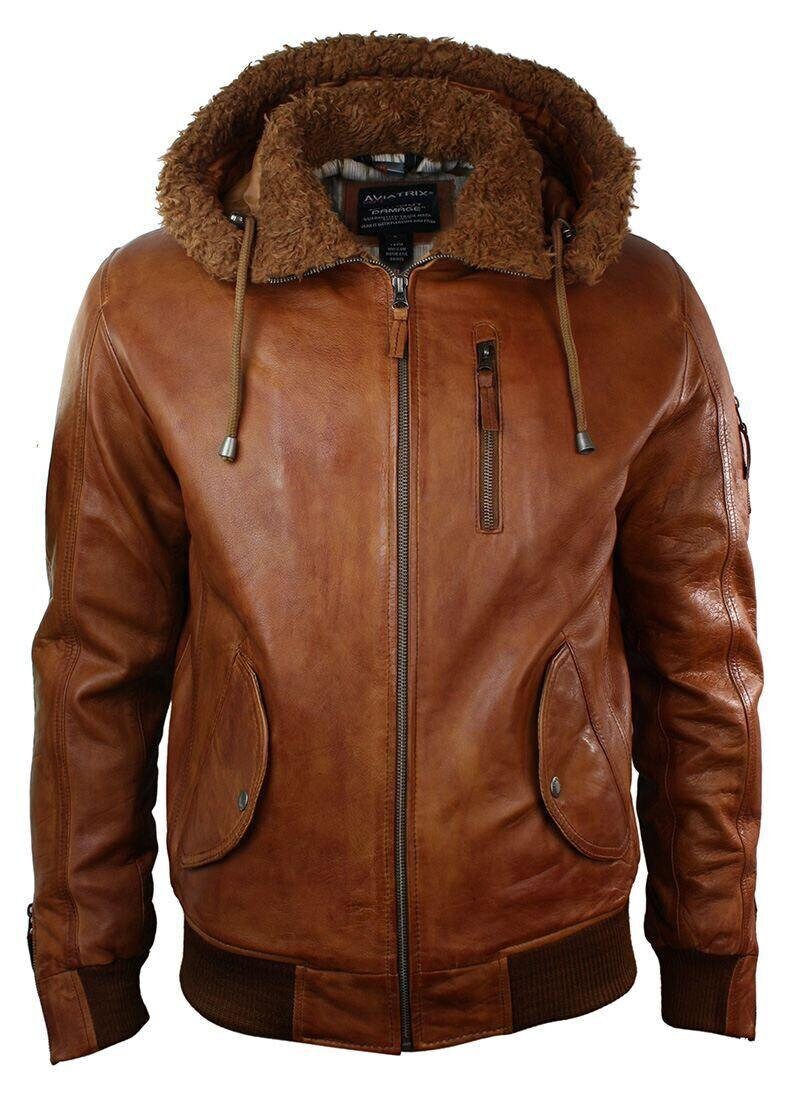Mens real leather hood fur jacket bomber aviator tan brown Etsy