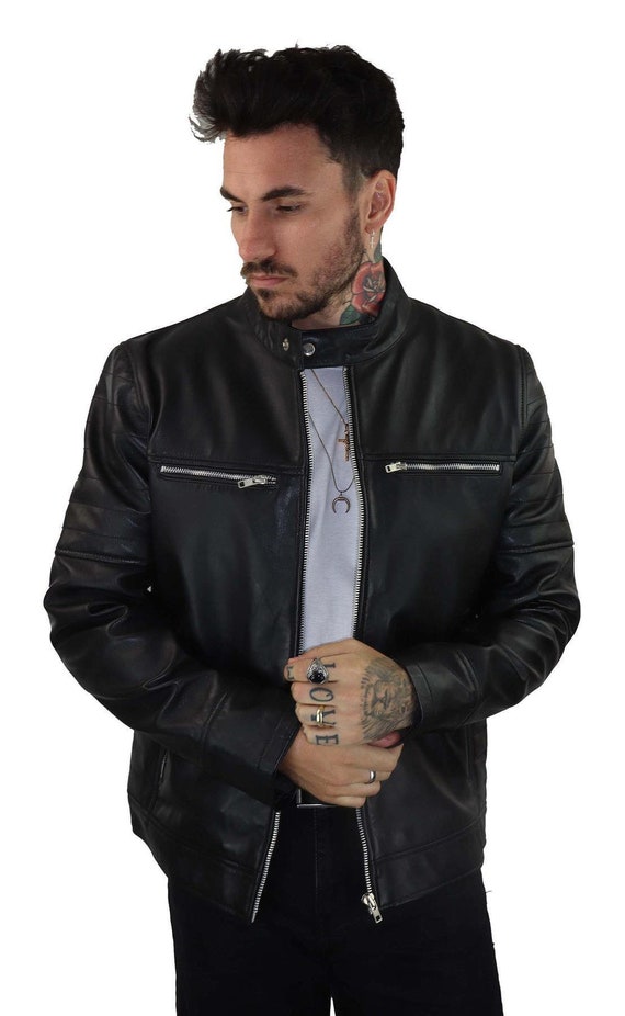 Men's Real Black Leather Jacket with Short Standing Collar
