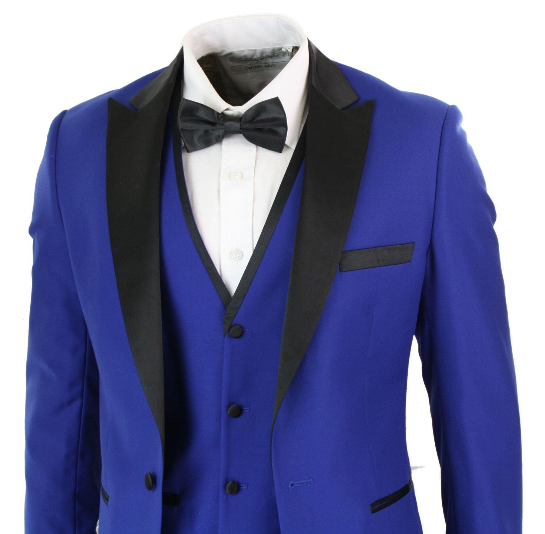 Mens 3 Piece Blue Black Satin Tuxedo Dinner Suit Tailored Fit - Etsy UK
