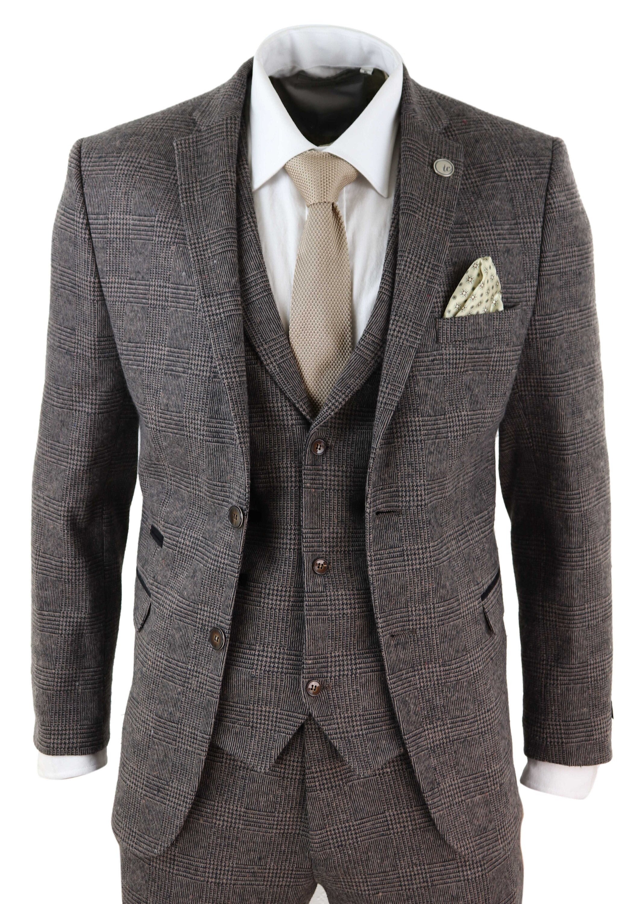 Mens Wool 3 Piece Check Suit Tweed Brown Tailored Fit Gatsby Etsy UK