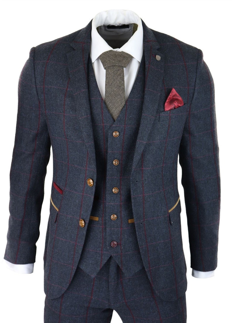 Mens Herringbone Tweed 3 Piece Navy Red Check Suit Vintage - Etsy