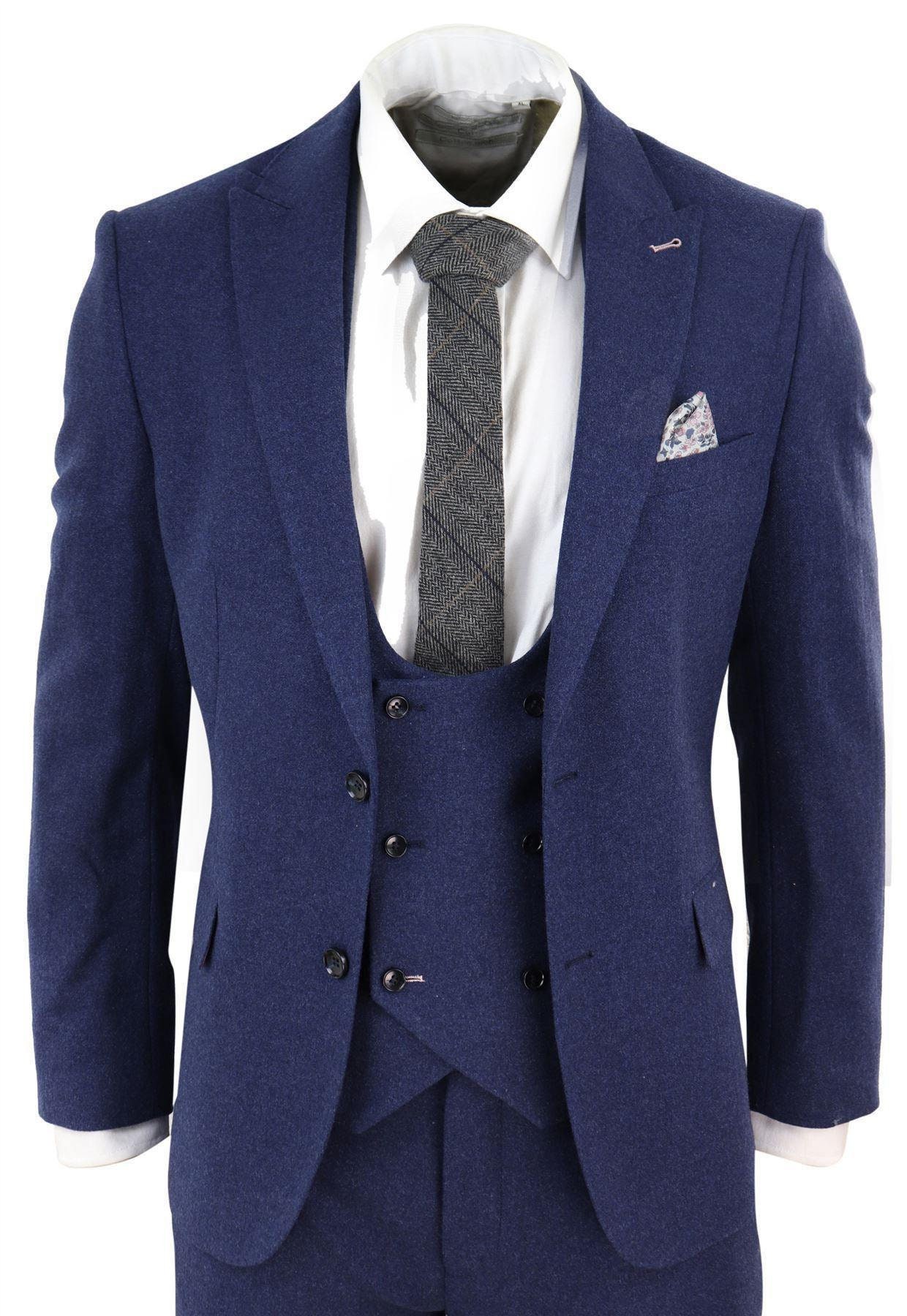 Men Wool 3 Piece Suit Blue Double Breast Waistcoat Short Reg Etsy UK
