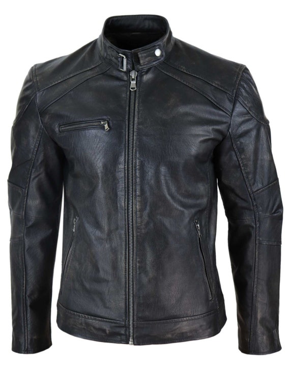 Mens Real Leather Zipped Biker Jacket Vintage Washed Black - Etsy