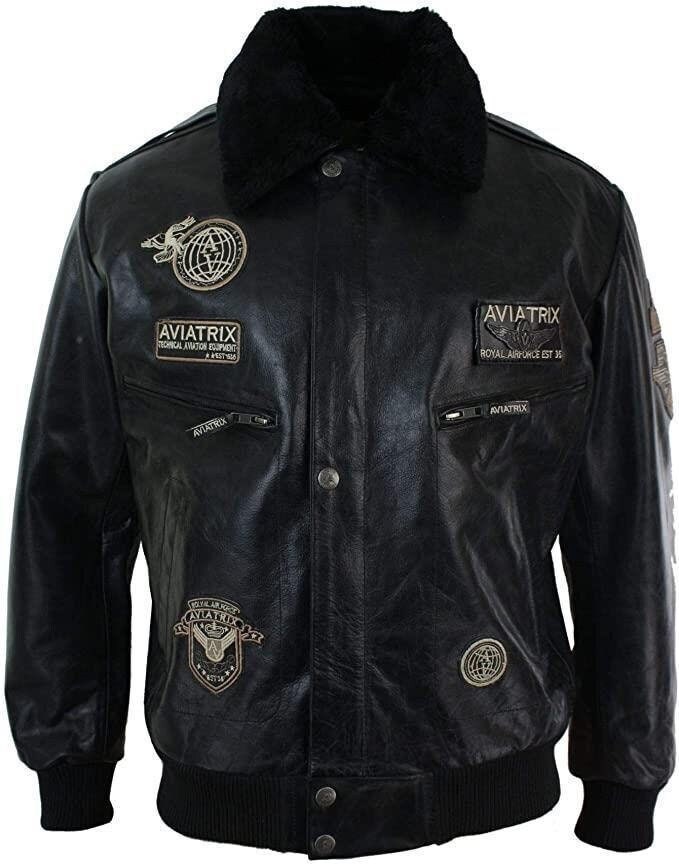 Mens Black Real Leather Bomber Aviator Badge Design Pilot - Etsy UK