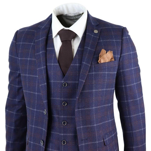 Mens Navy Blue Tweed Check Herringbone 3 Piece Suit Bespoke - Etsy