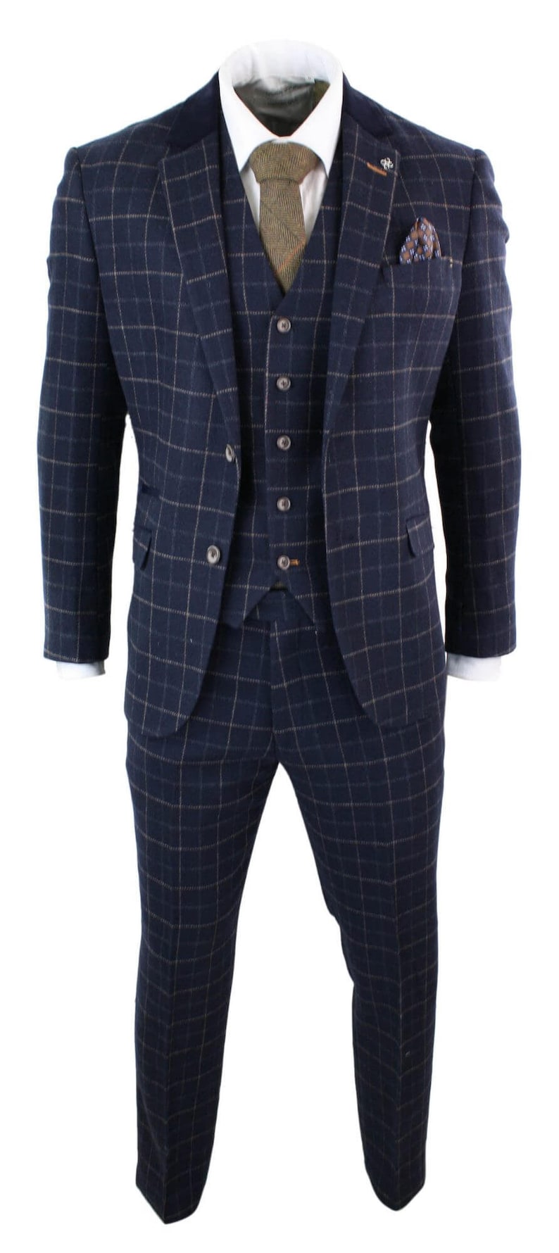 1920s Men’s Clothing, Outfits, Fashion Cavani Shelby - Mens Navy Blue 3 Piece Herringbone Check Suit Vintage Retro Tweed $288.52 AT vintagedancer.com