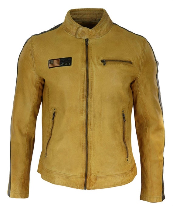 Mens Real Leather Biker Racing Jacket Stripes Zip Retro Casual